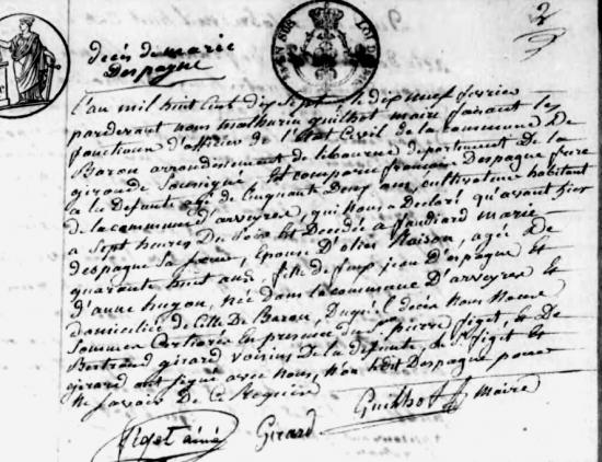 Acte de Guilhot maire de Baron.jpg